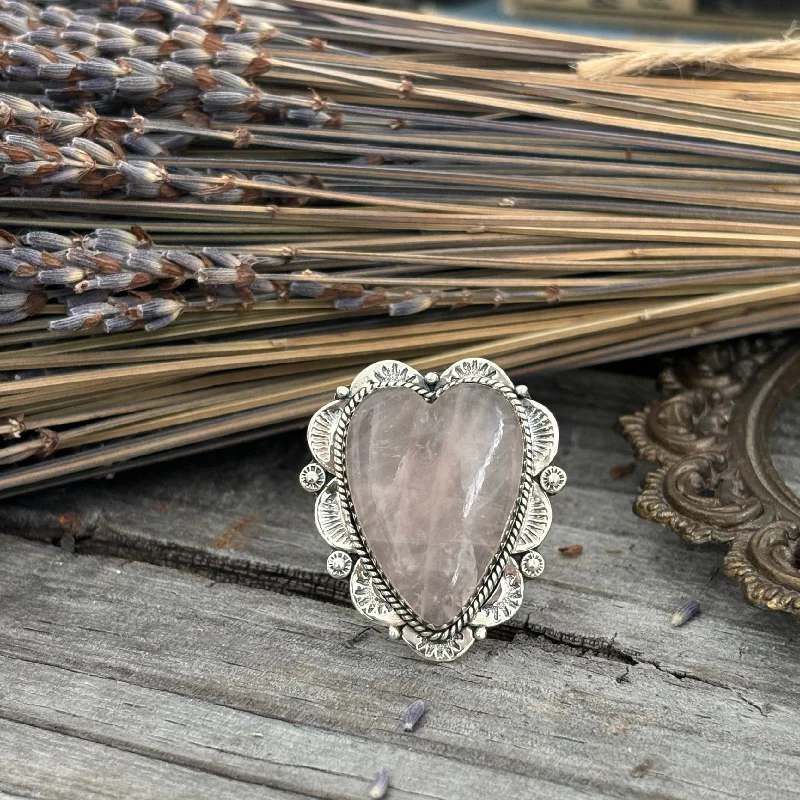 Rings with twisted rose gold band designs -Rose Quartz Heart Crystal Statement Ring in Sterling Silver- Designed by FOXLARK Collection Adjusts to size 6,7,8,9, 10 / Gothic Jewelry