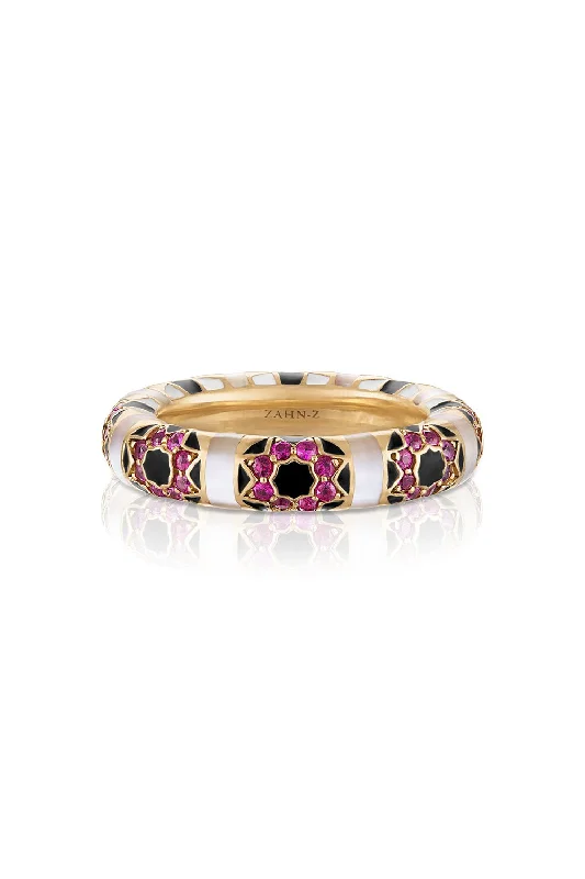 Rings with oxidized silver for antique appeal -Sadaf Mosaic Ruby Rounded Band