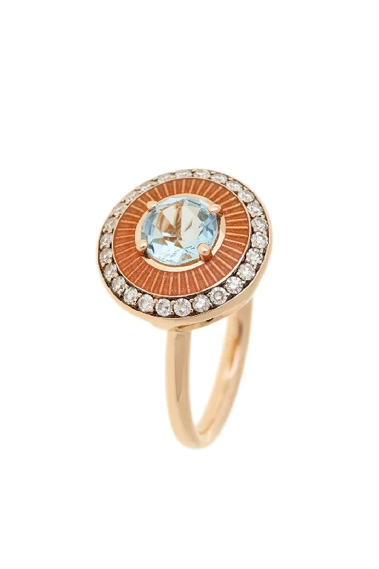 Chunky rings with hammered gold band texture -Mina Orange Enamel Aquamarine Ring