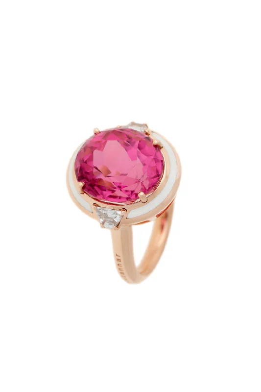 Rings with agate slices for earthy style -White Enamel Pink Tourmaline Ring