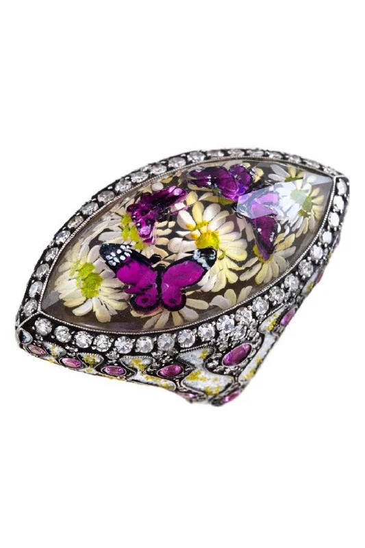 Vintage rings with engraved floral band designs -Carved Rock Quartz Butterfly Ring