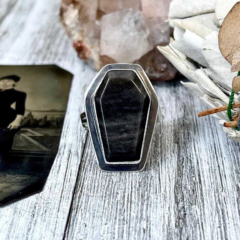 Rings with gothic-inspired skull motif details -Silver Sheen Obsidian Coffin Ring in Solid Sterling Silver- Designed by FOXLARK Collection Size 6 7 8 9 10 / Big Crystal Ring Witchy Jewelry