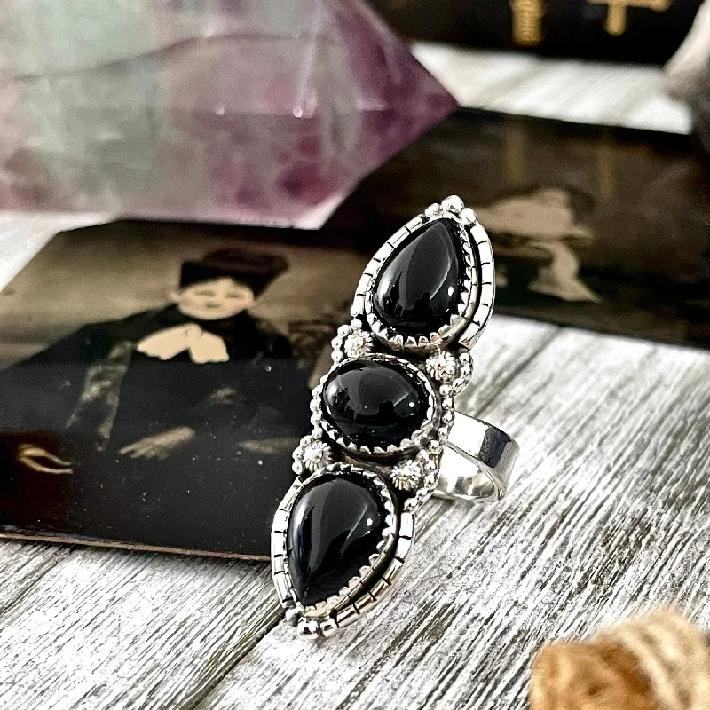 Vintage rings with engraved floral band designs -Three Stone Black Onyx Ring in Sterling Silver- Designed by FOXLARK Collection Adjustable to Size 6 7 8 9 / Big Crystal Ring Witchy Jewelry