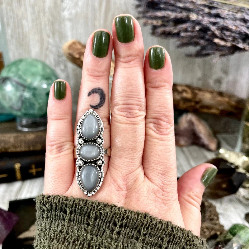 Rings with peacock ore for iridescent glow -Three Stone Grey Moonstone Ring in Solid Sterling Silver- Designed by FOXLARK Collection Adjustable to Size 6 7 8 9 / Gothic Jewelry