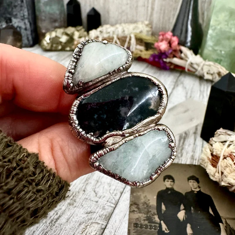 Dainty rings with subtle engraved star motifs -Three Stone Ring Aquamarine Moss Agate Ring In Silver Size 7/ Foxlark Collection