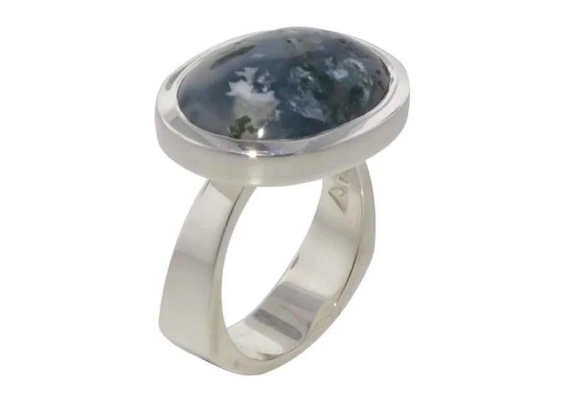 Rings with polished tourmaline for vibrant shine -Unique Moss Agate Ring Design