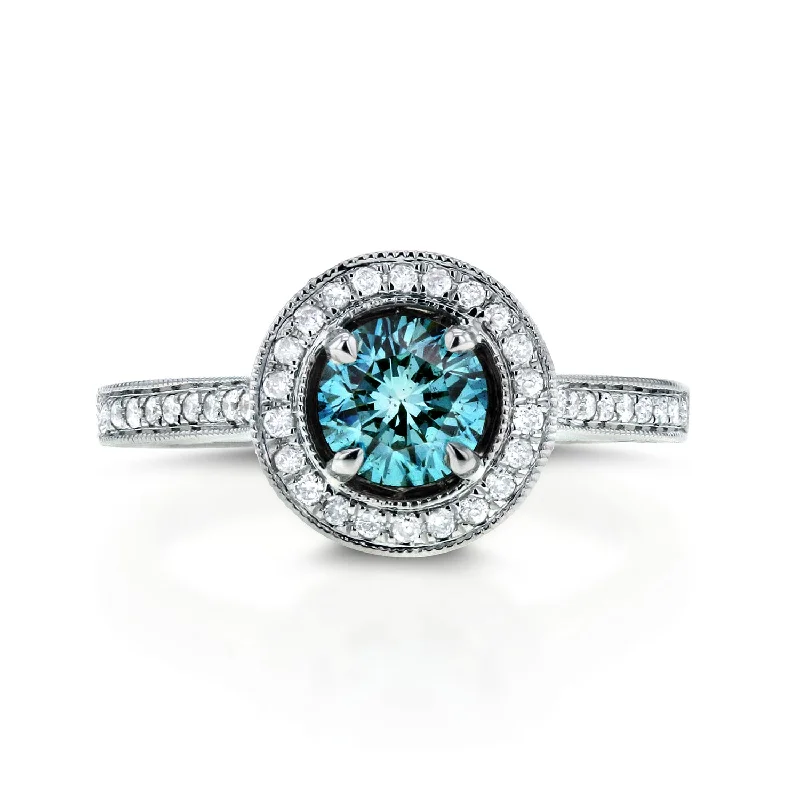 Rings with vintage-inspired rose-cut diamonds -1.05ct.tw Treated Blue Diamond Halo Ring - Size 4