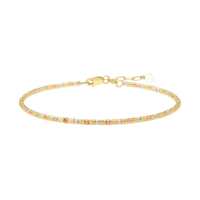 Simple gold bangle bracelets with smooth finishes for a classic and elegant style-14K Gold Tri-Color Diamond Cut Bead Bracelet