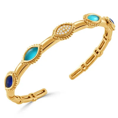 Stacked bangle bracelets with alternating textures for a dynamic, trendy look-18K Yellow Gold Diamond, Lapis and Turquoise Bangle