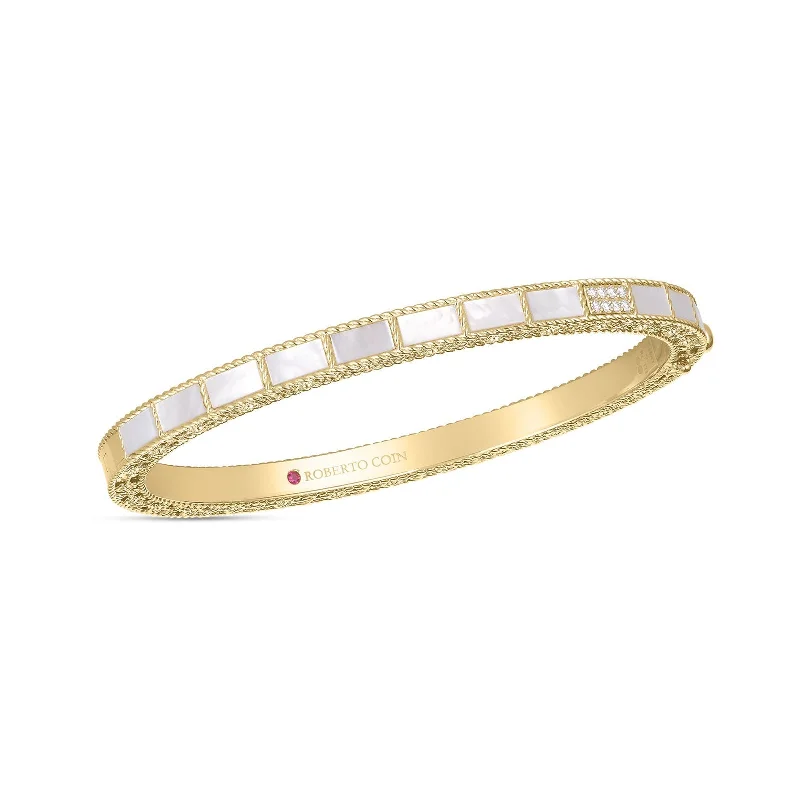 Bangle bracelets with open-ended designs for a modern and adjustable fit-Mosaic Diamond Accent & Mother of Pearl Bangle