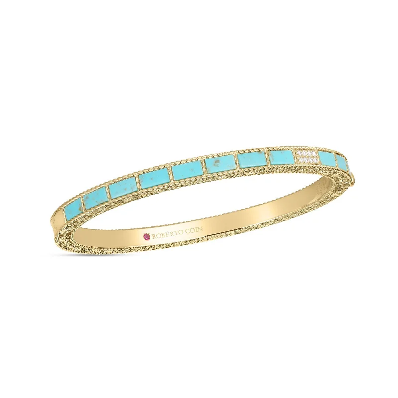 Stacked bangle bracelets with alternating textures for a dynamic, trendy look-Mosaic Diamond Accent & Turquoise Bangle