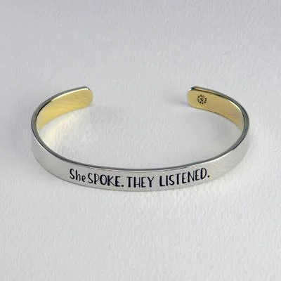 Best bangle bracelets with engraved messages for personalized gifts and keepsakes-She Spoke They Listened Mixed Metal Cuff Bracelet