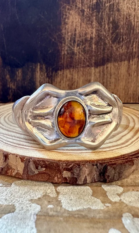 Best necklaces and pendants with oval pendants for a classic, elegant shape-VINTAGE AMBER GLOW 80s Mexican Silver Cuff 38g