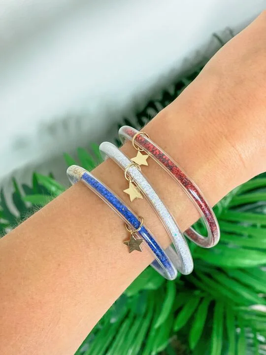 Best bangle bracelets with engraved initials for a personalized and meaningful gift-Americana Glittery Star Charm Jelly Bangle Set