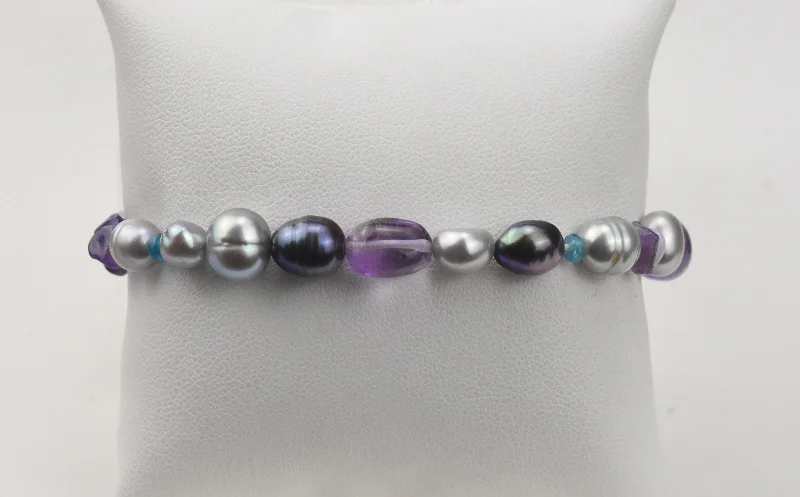 Adjustable bangle bracelets with toggle clasps for easy, secure wearing-Amethyst, Blue Chalcedony, Multi Color Freshwater Pearl Elastic Bracelet