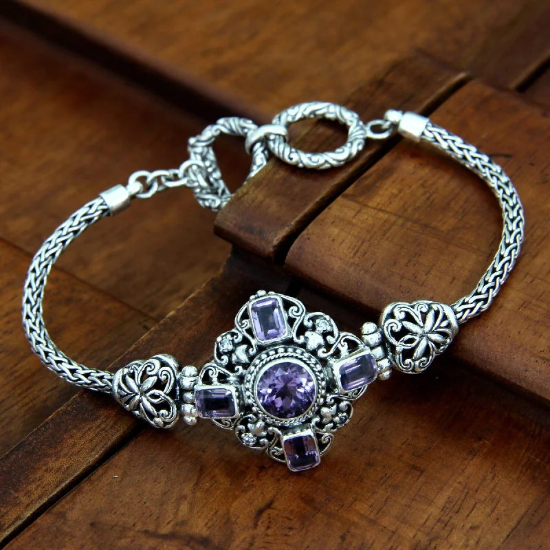 Wide bangle bracelets with bright gemstone accents for a bold, vibrant style-Amethyst & Sterling Silver Clasp Bracelet