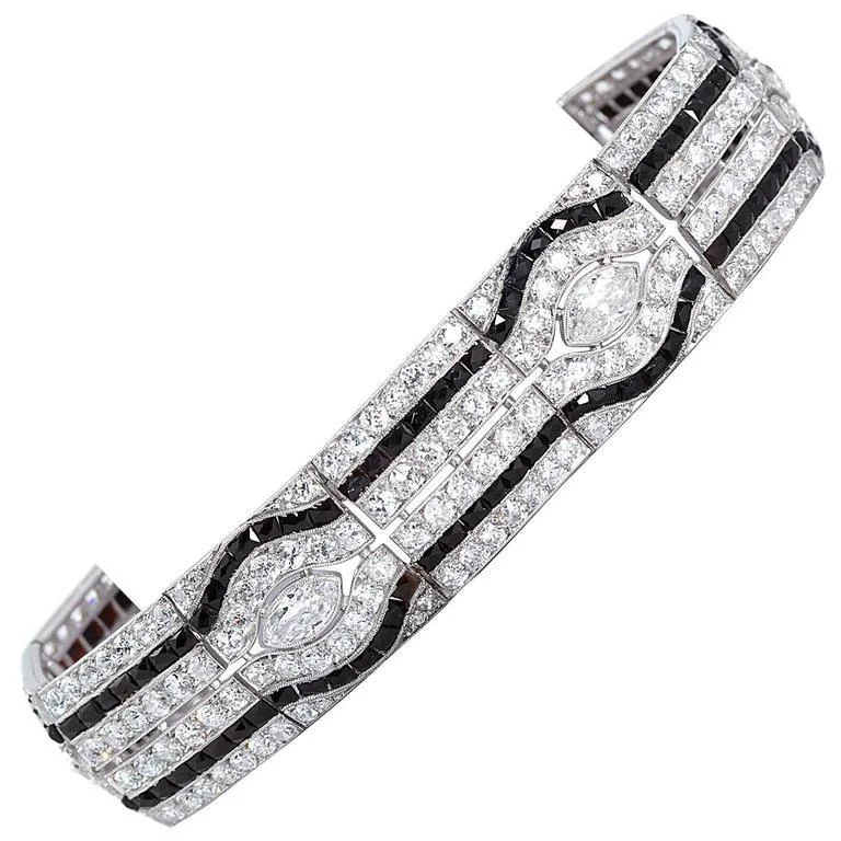 Wide metal bangle bracelets with engraved patterns for a luxurious and intricate look-Art Deco Diamond Onyx Bracelet