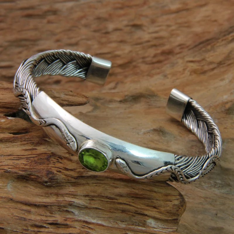 Bangle bracelets with gold and silver mixed metals for a stylish and versatile accessory-Baby Viper Snake Motif Cuff Bracelet with Peridot