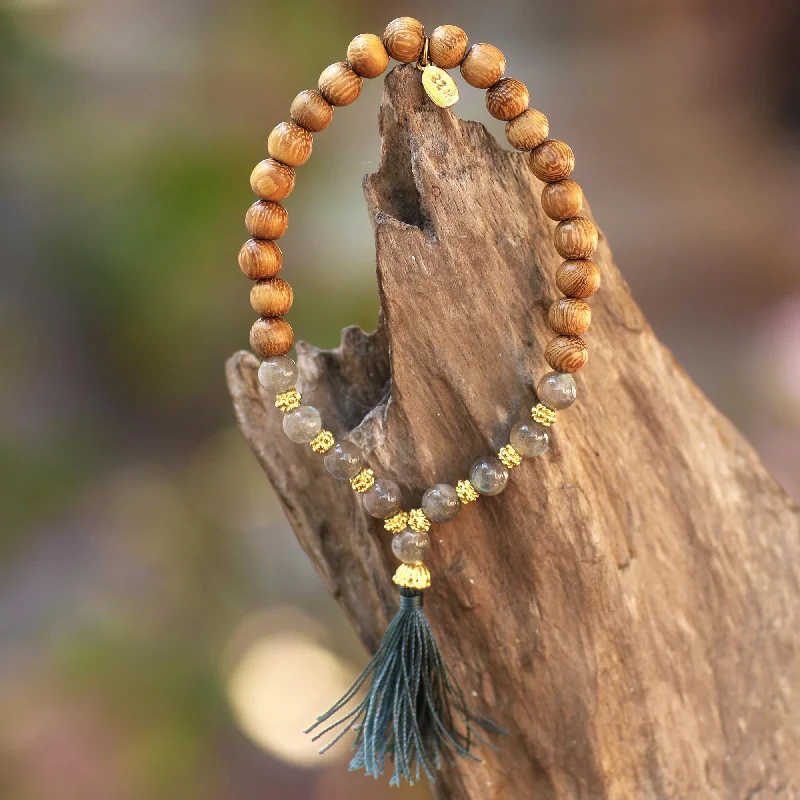 Colorful bangle bracelets with enamel details for a playful and youthful style-Batuan Harmony Gold Accented Labradorite and Wood Beaded Stretch Bracelet