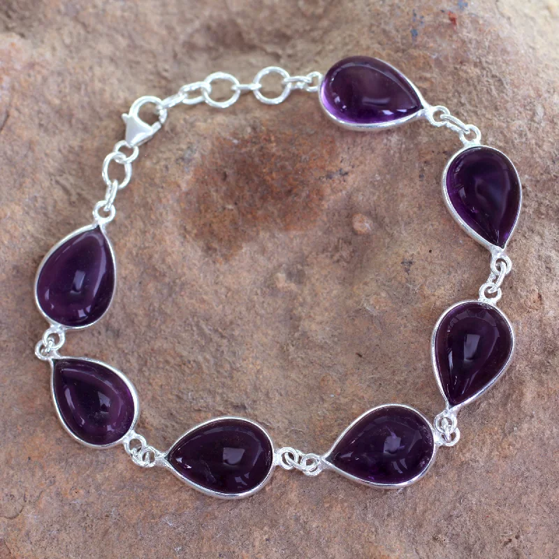 Silver bangle bracelets with hammered textures for a rustic and modern finish-Blissful Beauty Sterling Silver and Amethyst Link Bracelet