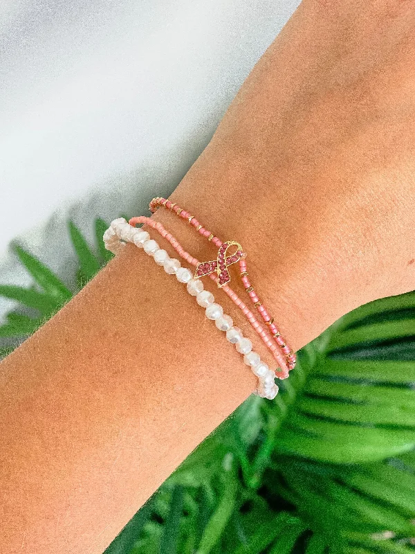 Sleek bangle bracelets with polished titanium for a modern and lightweight option-Breast Cancer Ribbon Stretch Bracelet Set