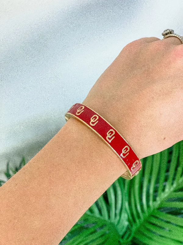 Best bangle bracelets with natural wood for a unique and earthy aesthetic-Collegiate Gold Football Hinged Bangle Bracelet - Oklahoma Red