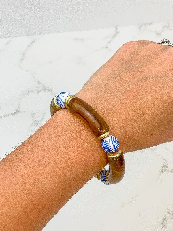 Minimalist bangle bracelets with a thin profile for a sleek and subtle appearance-Chinoiserie Acrylic Tube Stretch Bracelet - Tortoise