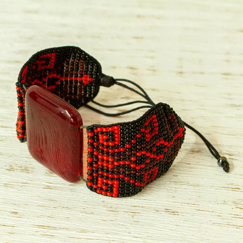 Wide metal bangle bracelets with engraved patterns for a luxurious and intricate look-Codices in Red Red and Black Glass Bracelet