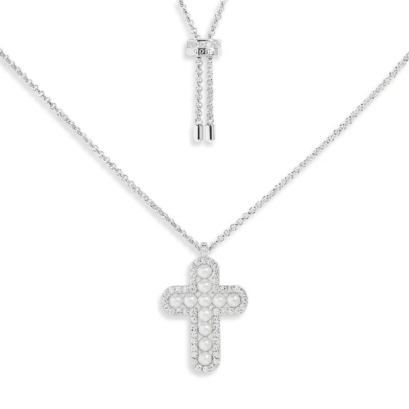 Unique necklaces and pendants with custom birthstone arrangements for personalization-Cross Adjustable Necklace with Pearls