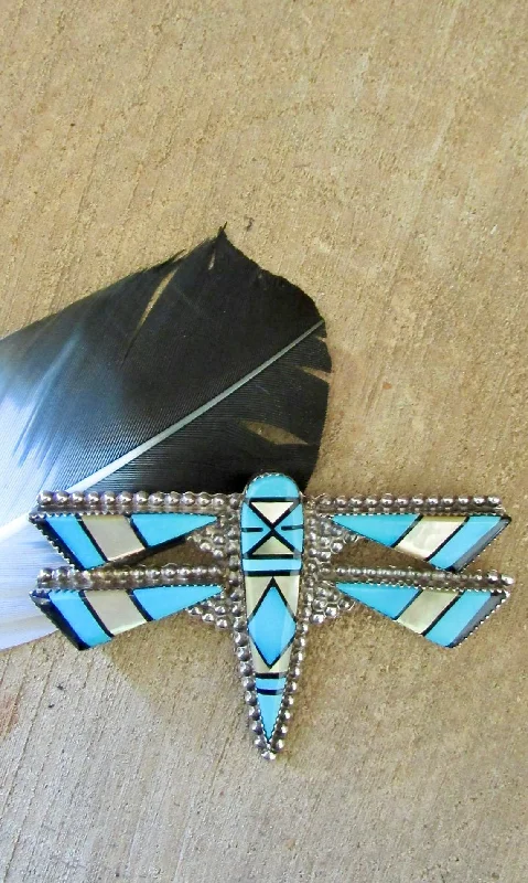 Elegant necklaces and pendants with gold chains for a chic, timeless appearance-E MARTINEZ Zuni Silver Inlay Turquoise Dragonfly Brooch / Pendant