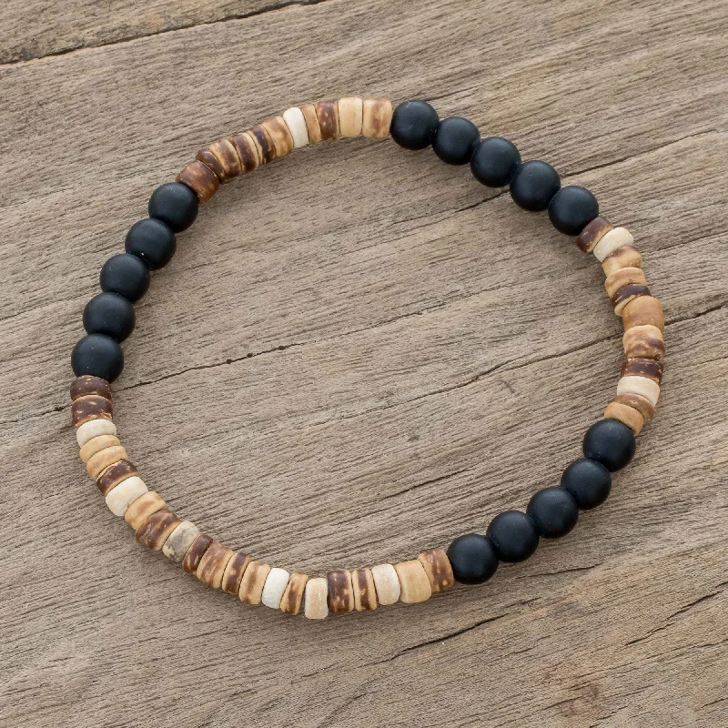 Best bangle bracelets for stacking with delicate and thin designs for layering-Earthen Force Onyx and Coconut Shell Beaded Stretch Bracelet