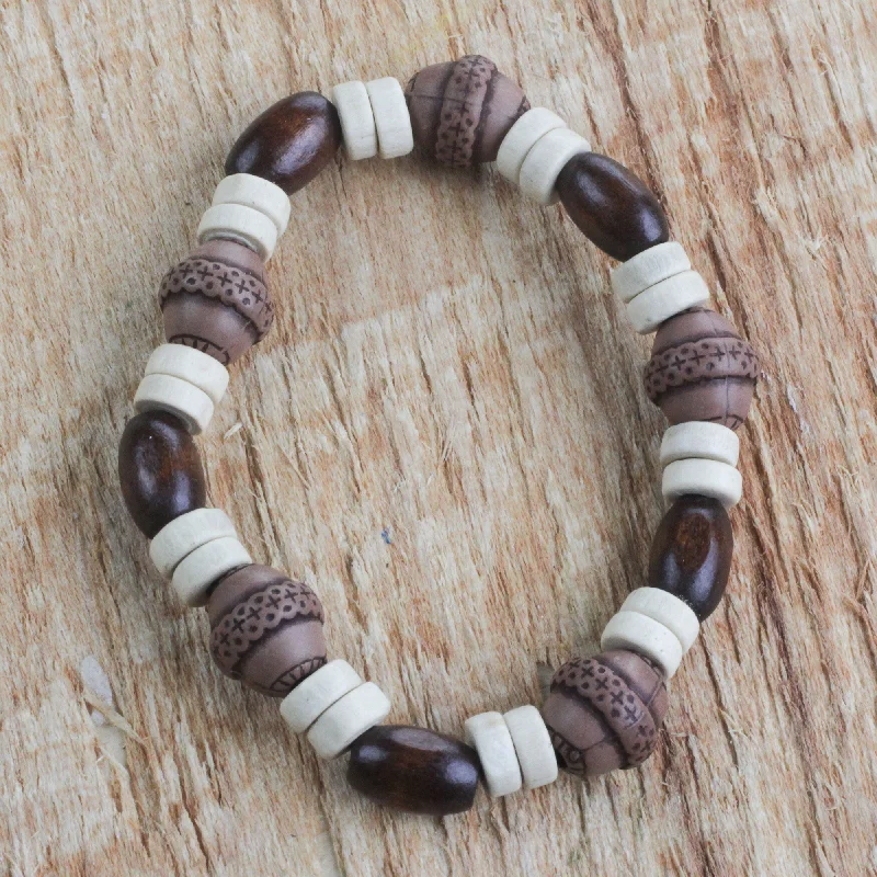 Wide bangle bracelets with modern geometric patterns for a bold fashion statement-Earthy Charm Wood and Recycled Plastic Beaded Stretch Bracelet from Ghana