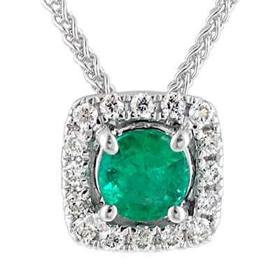 Beautiful necklaces and pendants with natural stones for an earthy, organic vibe-Emerald Halo Necklace in 14kt White Gold with Diamonds (1/20ct tw)