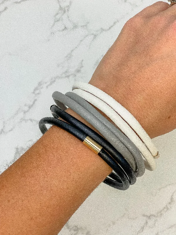 Classic bangle bracelets with pearl embellishments for a feminine and classic touch-Faux-Leather Band Bracelet Set - Grey