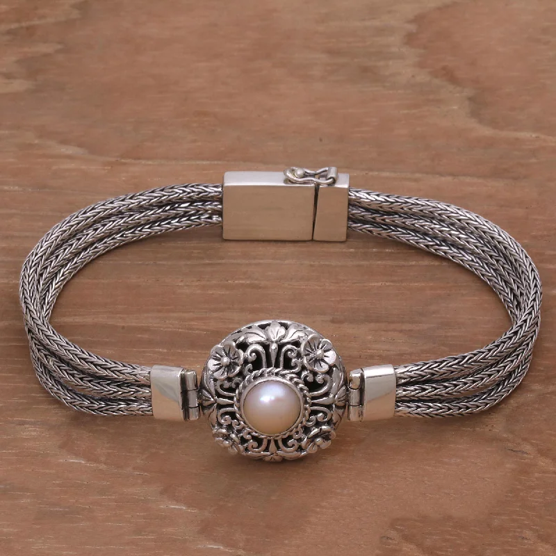 Best bangle bracelets with engraved inspirational quotes for an uplifting and stylish gift-Floral Nobility Pearl & Silver Floral Pendant Bracelet