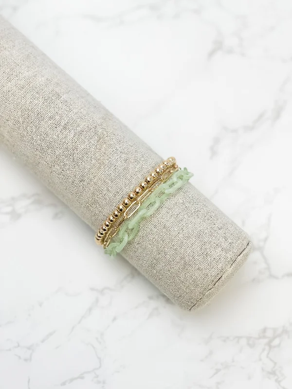 Best bangle bracelets with unique stone inlays for a one-of-a-kind accessory-Gold Link & Chunky Chain Layer Bracelet - Green