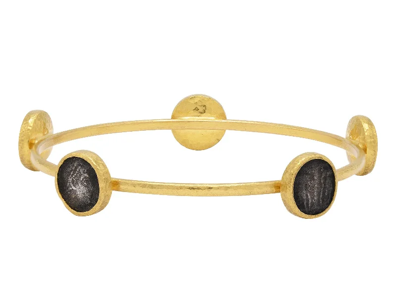 Bold bangle bracelets with textured finishes for a dynamic and modern style-Gold Stacking Bangle with Round Coin Stations