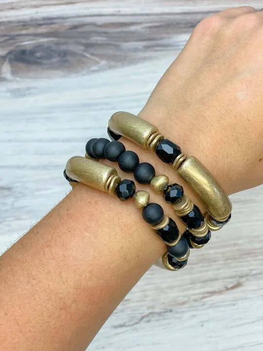 Bold bangle bracelets with textured finishes for a dynamic and modern style-Gold Tube Beaded Stretch Bracelet Set - Black