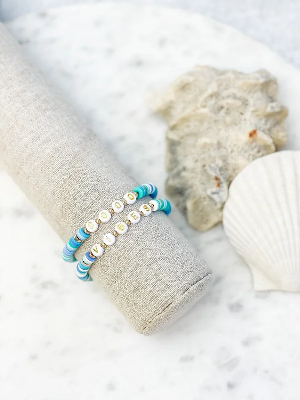 Wide bangle bracelets with boho-inspired patterns for a free-spirited design-'Good Vibes' Stretch Bracelet Set - Blue Multi