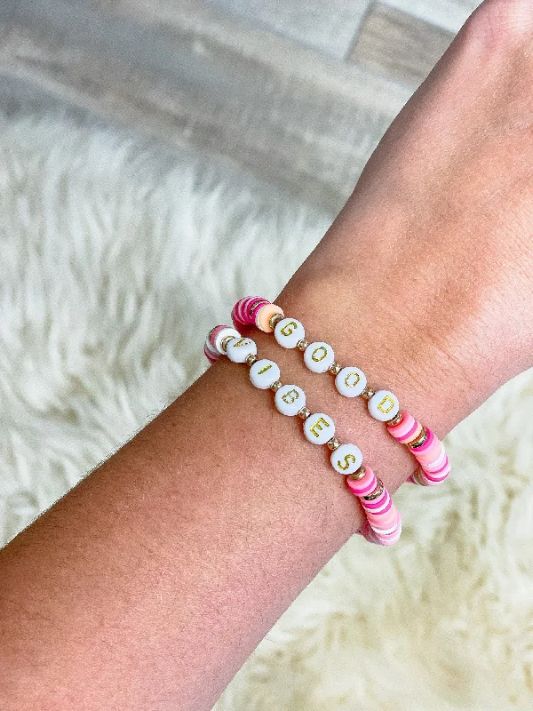 Best bangle bracelets with minimalist geometric designs for a contemporary, edgy look-'Good Vibes' Stretch Bracelet Set - Pink Multi