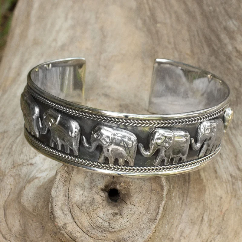 Bangle bracelets with colorful gemstone accents for a fun and vibrant pop of color-Grand Elephant Parade Silver Cuff Bracelet