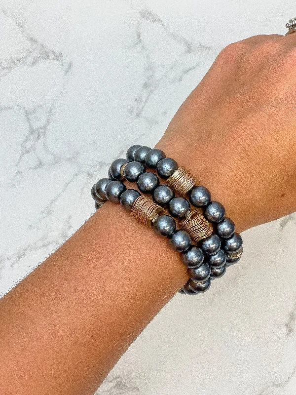 Best bangle bracelets with enamel detailing for a colorful and unique design-Gray Pearl Beaded Bracelet Stack