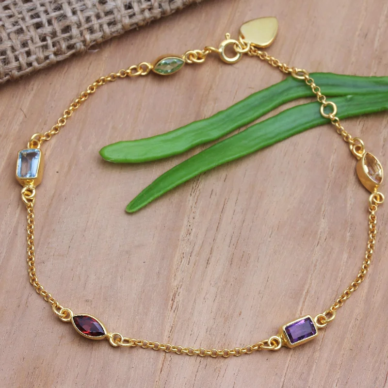 Best bangle bracelets with nature-inspired designs like leaves and flowers-Heaven's Rainbow Gold-Plated Birthstone Station Bracelet from Bali