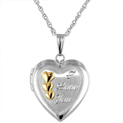 Trendy necklaces and pendants with statement pieces for a bold fashion statement-I Love You Heart Locket Necklace in Sterling Silver and 14kt Yellow Gold