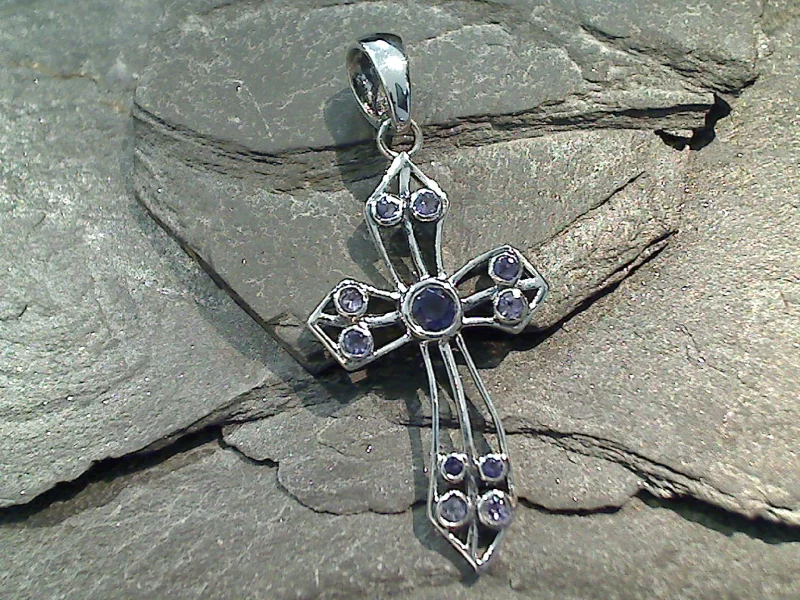 Stunning necklaces and pendants with chakra stones for healing and balance-Iolite, Sterling Silver Cross Pendant