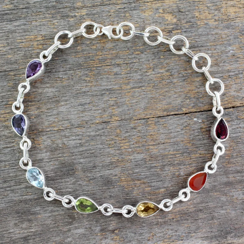 Classic bangle bracelets with clean lines for an elegant and versatile accessory-Inner Glow Sterling Silver Bracelet Multi Gemstone Chakra Jewelry