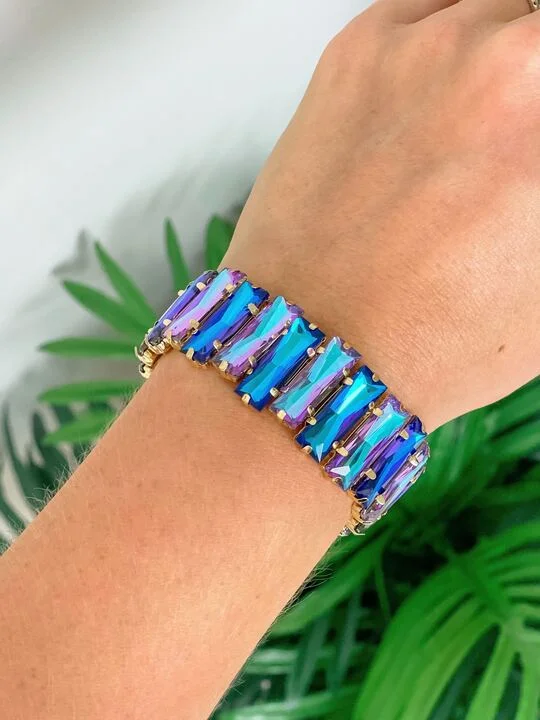 Stackable bangle bracelets with customizable charms for a personalized collection-Iridescent Jewel Stretch Bracelet - Blue