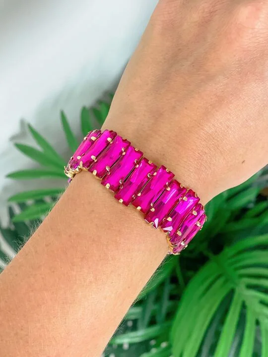 Best bangle bracelets with enamel floral patterns for a delicate and feminine touch-Iridescent Jewel Stretch Bracelet - Fuchsia