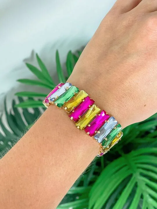 Sleek bangle bracelets with modern metallic finishes for a polished, chic design-Iridescent Jewel Stretch Bracelet - Multi