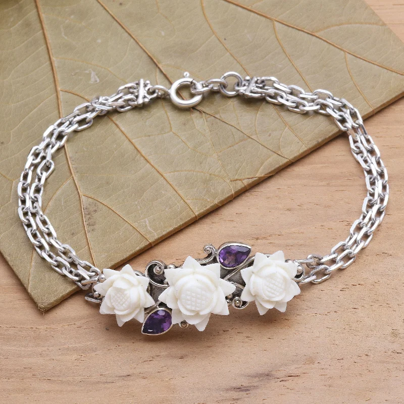 Best bangle bracelets with engraved floral patterns for a delicate and elegant design-Ivory Lotus Silver and Amethyst Bracelet with Carved Bone Flowers